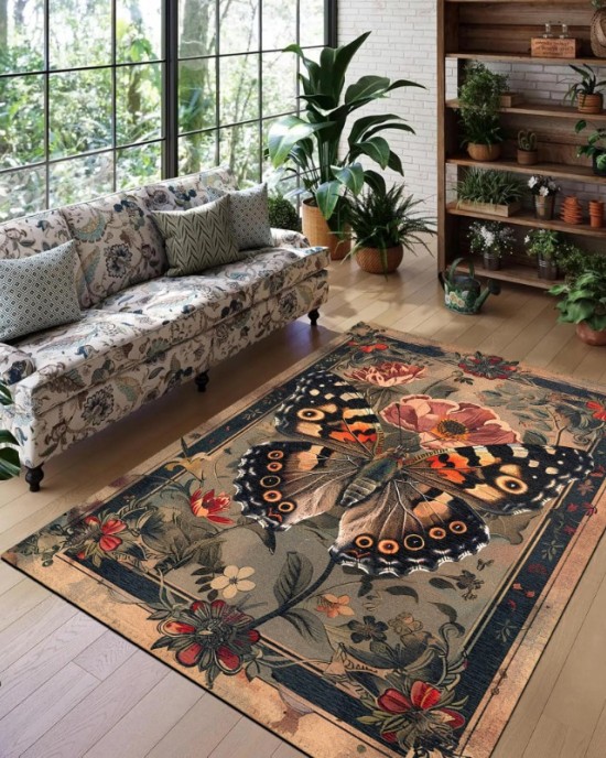 Cross-border temu new Nordic butterfly floral rug, stain-resistant and wear-resistant doormat, easy-care large rug for the living room sofa