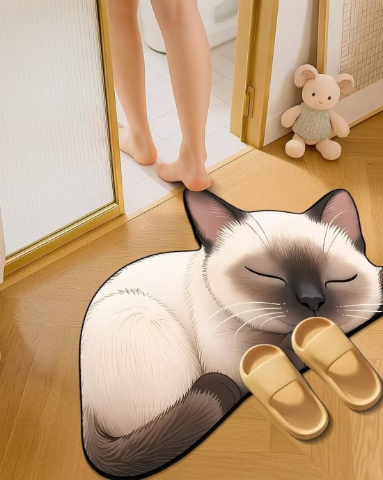Cute 3D cat print diatom mud floor mats, non-slip, absorbent, quick-drying, easy-care foot mats for the bathroom and kitchen.