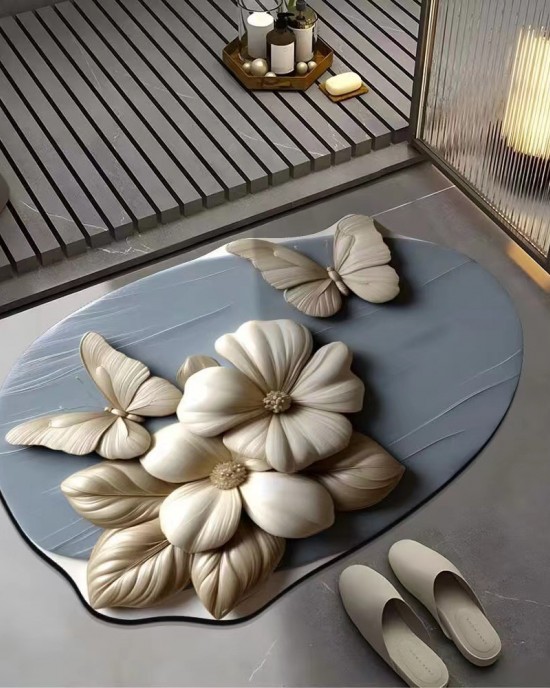 Visual 3D floral butterfly diatom mud floor mat, home bathroom, non-slip, absorbent, easy-care mat
