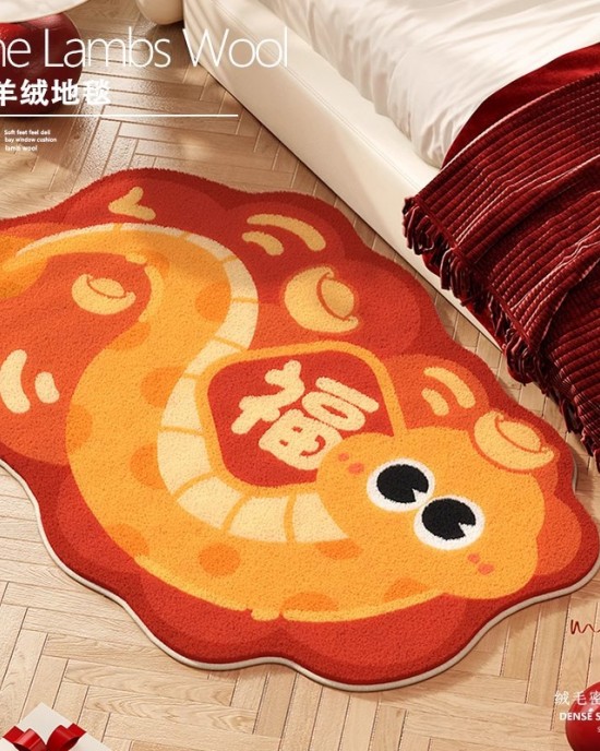 Year of the Snake bedside rug, bedroom, Spring Festival decoration, cartoon-style plush non-slip strip floor mat.