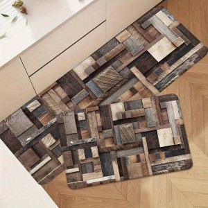 Cross-border TEMU American Imitation Wood Grain Floor Mat, Oil-Absorbent, Water-Absorbent, Wear-Resistant, Easy-Cleaning Three-Piece Kitchen Mat Set, In Stock