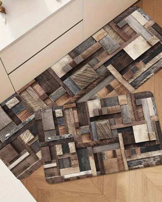 Cross-border TEMU American Imitation Wood Grain Floor Mat, Oil-Absorbent, Water-Absorbent, Wear-Resistant, Easy-Cleaning Three-Piece Kitchen Mat Set, In Stock