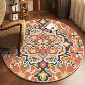 TEMU dropshipping round Persian print carpet for home use. Decorative stain-resistant bedside rug, non-slip hanging basket chair mat