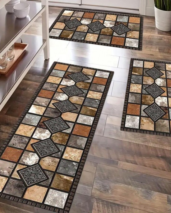 Cross-border TEMU American Imitation Wood Grain Floor Mat, Oil-Absorbent, Water-Absorbent, Wear-Resistant, Easy-Cleaning Three-Piece Kitchen Mat Set, In Stock