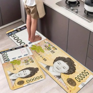 Temu cross-border Korean won printed striped floor mats for kitchens, non-slip and stain-resistant, easy-care mats with labeling.