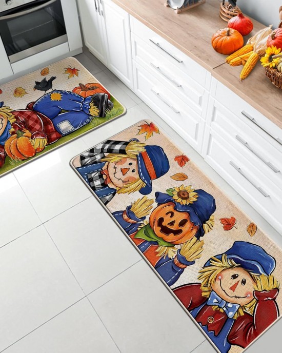 TEMU cross-border autumn pumpkin long kitchen mat, absorbent, stain-resistant, easy-to-care two-piece foot mat set available for delivery.