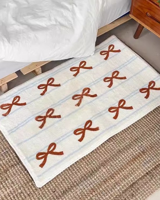Girly bow faux cashmere floor mat, absorbent bathroom doormat, easy-care entrance doormat. Wholesale dropshipping