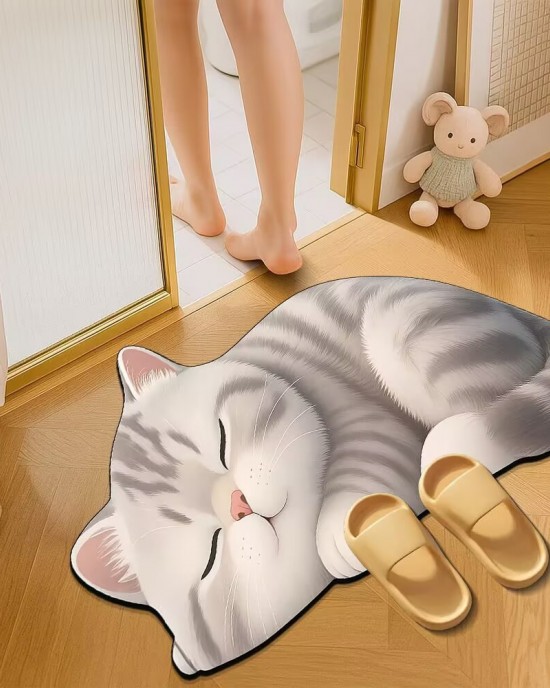 Cute 3D cat print diatom mud floor mats, non-slip, absorbent, quick-drying, easy-care foot mats for the bathroom and kitchen.