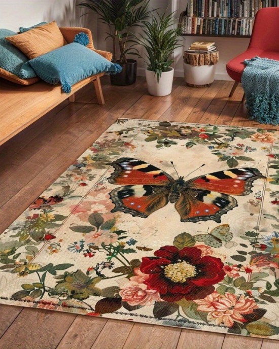 Cross-border temu new Nordic butterfly floral rug, stain-resistant and wear-resistant doormat, easy-care large rug for the living room sofa