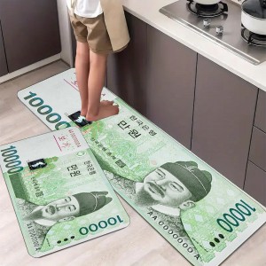 Temu cross-border Korean won printed striped floor mats for kitchens, non-slip and stain-resistant, easy-care mats with labeling.