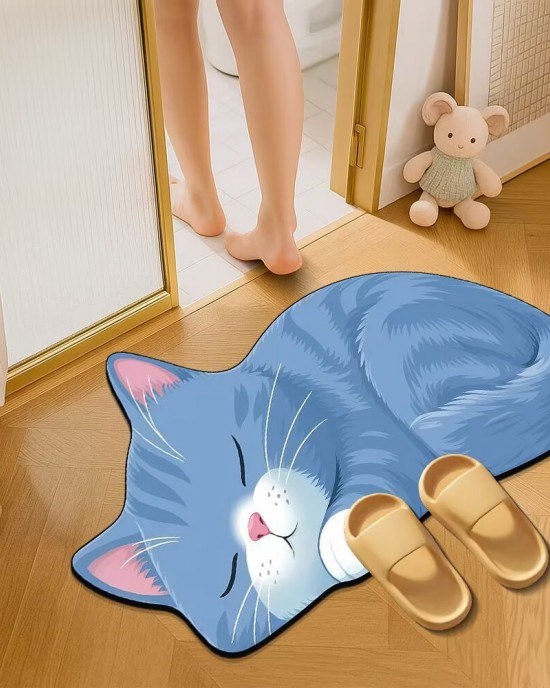 Cute 3D cat print diatom mud floor mats, non-slip, absorbent, quick-drying, easy-care foot mats for the bathroom and kitchen.