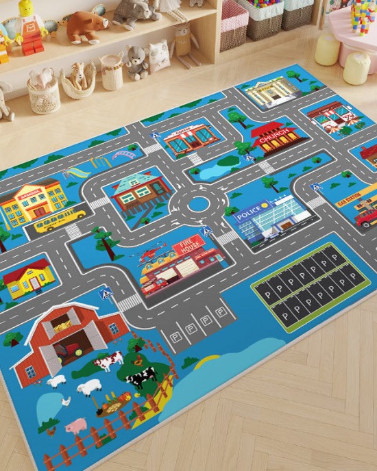 Cartoon children's parking lot patterned play rug, living room decorative rug, bedroom bedside blanket, in stock for dropshipping Cartoon children's parking lot patterned play rug, living room decorative rug, bedroom bedside blanket, in stock for dropshipping