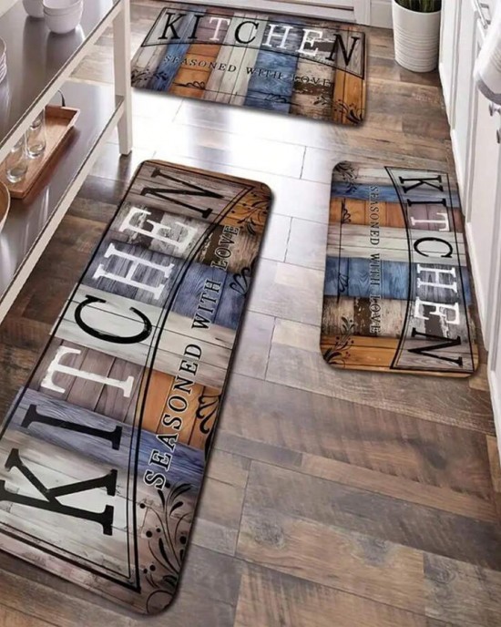Cross-border TEMU American Imitation Wood Grain Floor Mat, Oil-Absorbent, Water-Absorbent, Wear-Resistant, Easy-Cleaning Three-Piece Kitchen Mat Set, In Stock