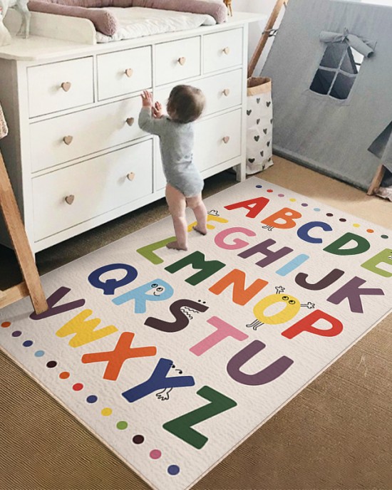 In stock: cartoon imitation cashmere carpets for bedrooms, literacy bedside rugs, living room coffee table mats, English alphabet rugs.