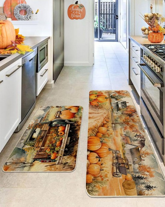 TEMU cross-border autumn pumpkin long kitchen mat, absorbent, stain-resistant, easy-to-care two-piece foot mat set available for delivery.