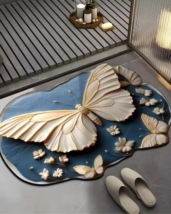 Visual 3D floral butterfly diatom mud floor mat, home bathroom, non-slip, absorbent, easy-care mat