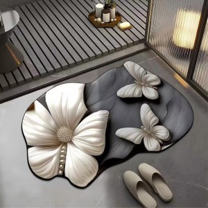 Visual 3D floral butterfly diatom mud floor mat, home bathroom, non-slip, absorbent, easy-care mat