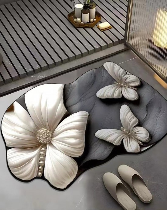 Visual 3D floral butterfly diatom mud floor mat, home bathroom, non-slip, absorbent, easy-care mat