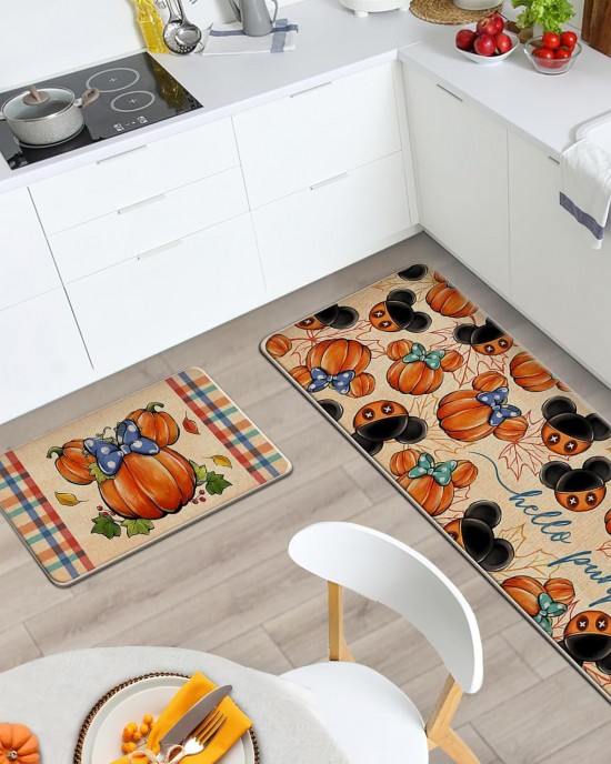 TEMU cross-border autumn pumpkin long kitchen mat, absorbent, stain-resistant, easy-to-care two-piece foot mat set available for delivery.