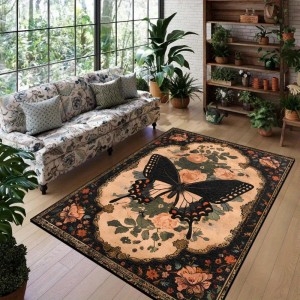 Cross-border temu new Nordic butterfly floral rug, stain-resistant and wear-resistant doormat, easy-care large rug for the living room sofa