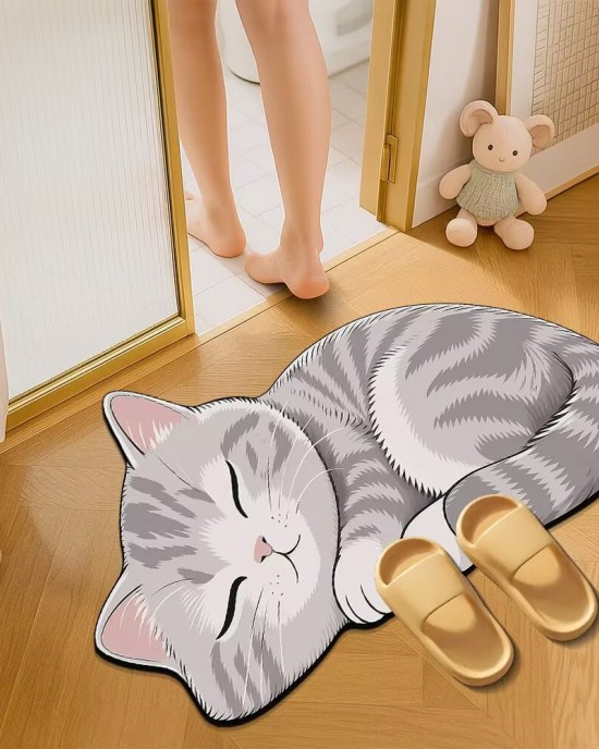 Cute 3D cat print diatom mud floor mats, non-slip, absorbent, quick-drying, easy-care foot mats for the bathroom and kitchen.