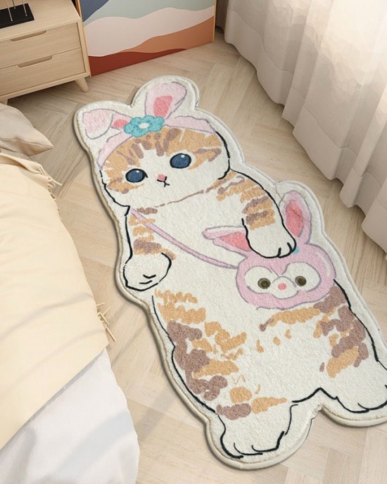 Cartoon cat-shaped rugs, comfortable, thickened bedside rugs for living rooms and coffee tables, easy-care rugs