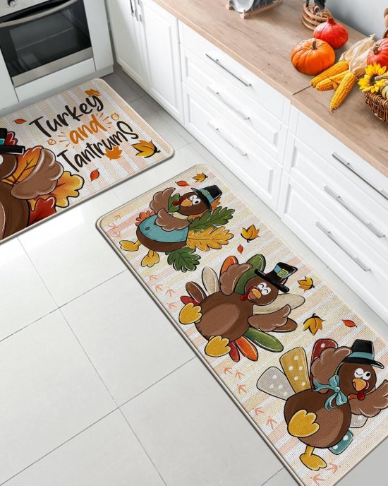 TEMU cross-border autumn pumpkin long kitchen mat, absorbent, stain-resistant, easy-to-care two-piece foot mat set available for delivery.