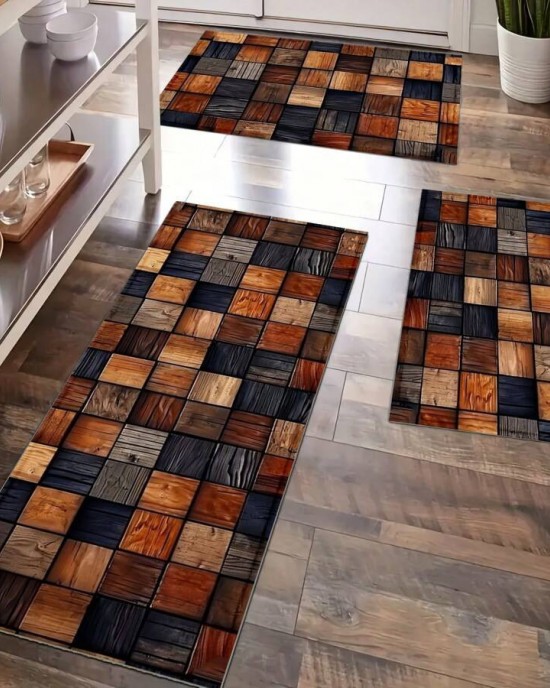 Cross-border TEMU American Imitation Wood Grain Floor Mat, Oil-Absorbent, Water-Absorbent, Wear-Resistant, Easy-Cleaning Three-Piece Kitchen Mat Set, In Stock